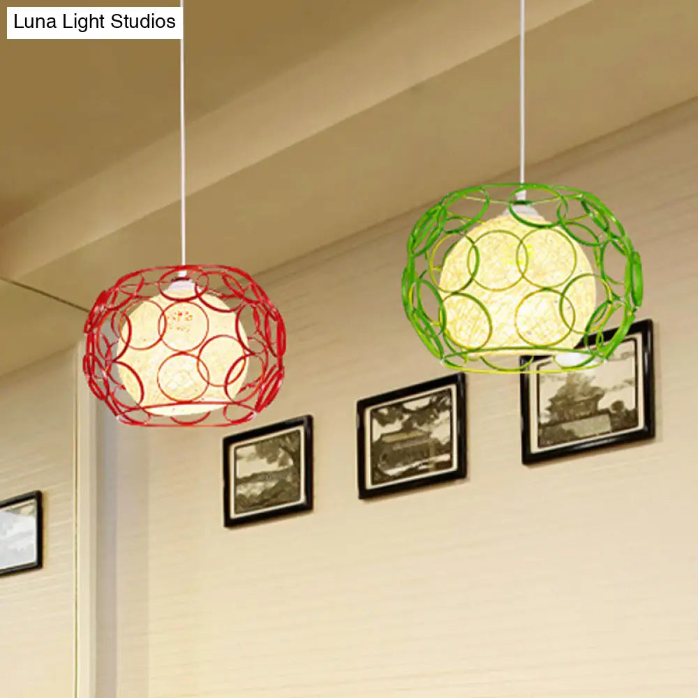 Modern Metal Hanging Pendant Light With Wire Guard And Weave Ball Shade White/Green 10/12.5 W Green