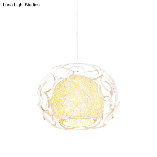 Modern Metal Hanging Pendant Light With Wire Guard And Weave Ball Shade White/Green 10/12.5 W