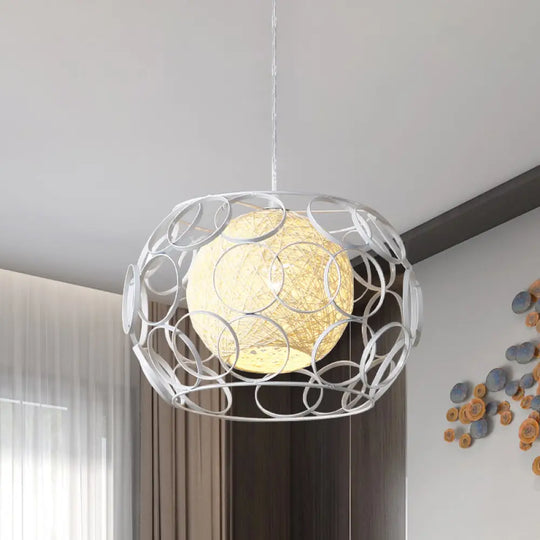 Modern Metal Hanging Pendant Light With Wire Guard And Weave Ball Shade – White/Green