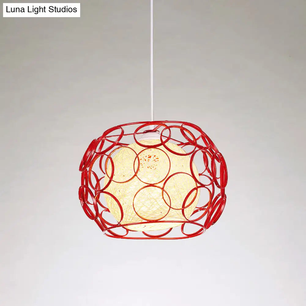 Modern Metal Hanging Pendant Light With Wire Guard And Weave Ball Shade White/Green 10/12.5 W