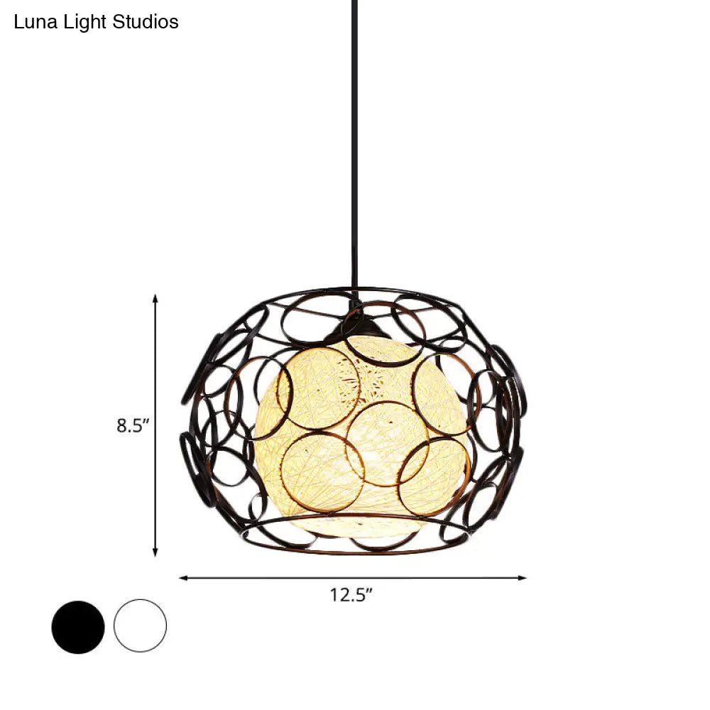 Modern Metal Hanging Pendant Light With Wire Guard And Weave Ball Shade – White/Green 10’/12.5’ W