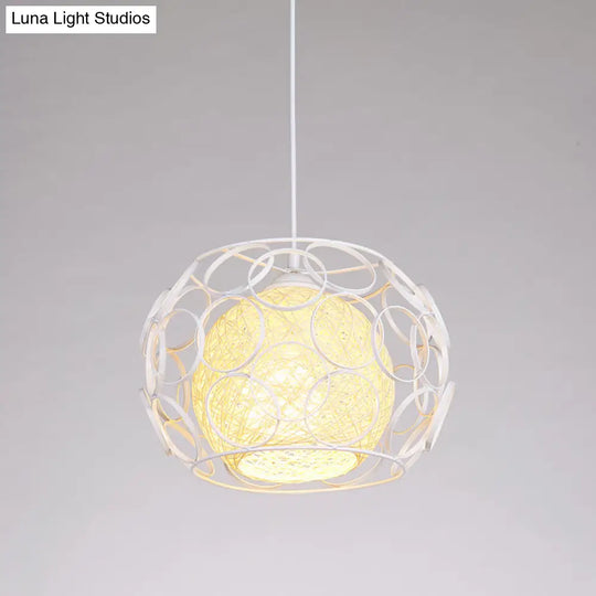 Modern Metal Hanging Pendant Light With Wire Guard And Weave Ball Shade – White/Green 10’/12.5’ W