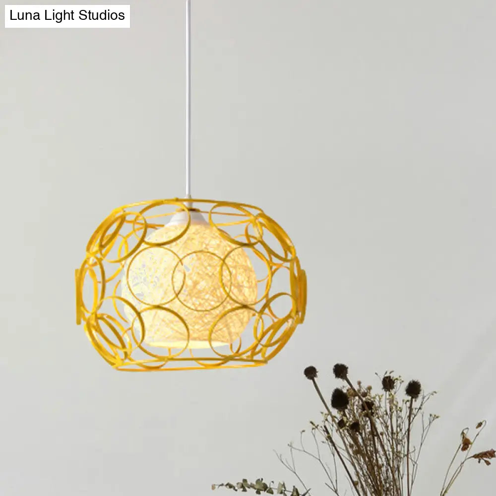 Modern Metal Hanging Pendant Light With Wire Guard And Weave Ball Shade White/Green 10/12.5 W Yellow