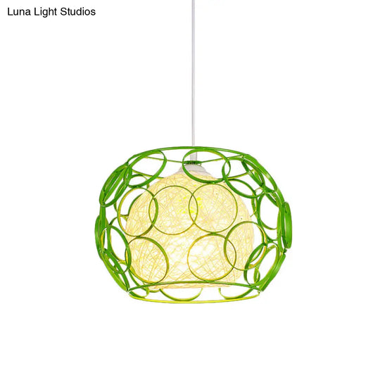 Modern Metal Hanging Pendant Light With Wire Guard And Weave Ball Shade White/Green 10/12.5 W