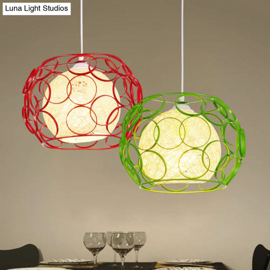 Modern Metal Hanging Pendant Light With Wire Guard And Weave Ball Shade White/Green 10/12.5 W Red /