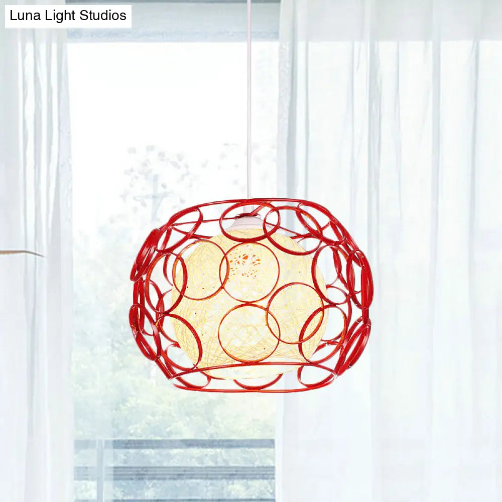 Modern Metal Hanging Pendant Light With Wire Guard And Weave Ball Shade White/Green 10/12.5 W