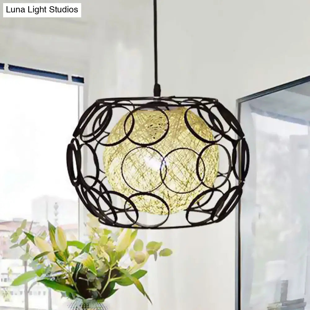 Modern Metal Hanging Pendant Light With Wire Guard And Weave Ball Shade White/Green 10/12.5 W Black