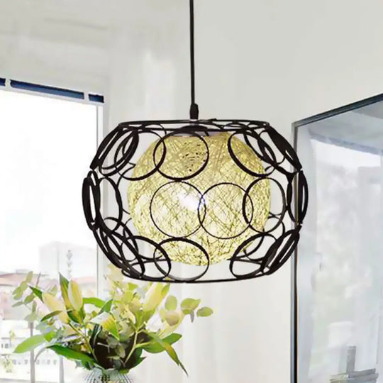 Modern Metal Hanging Pendant Light With Wire Guard And Weave Ball Shade – White/Green