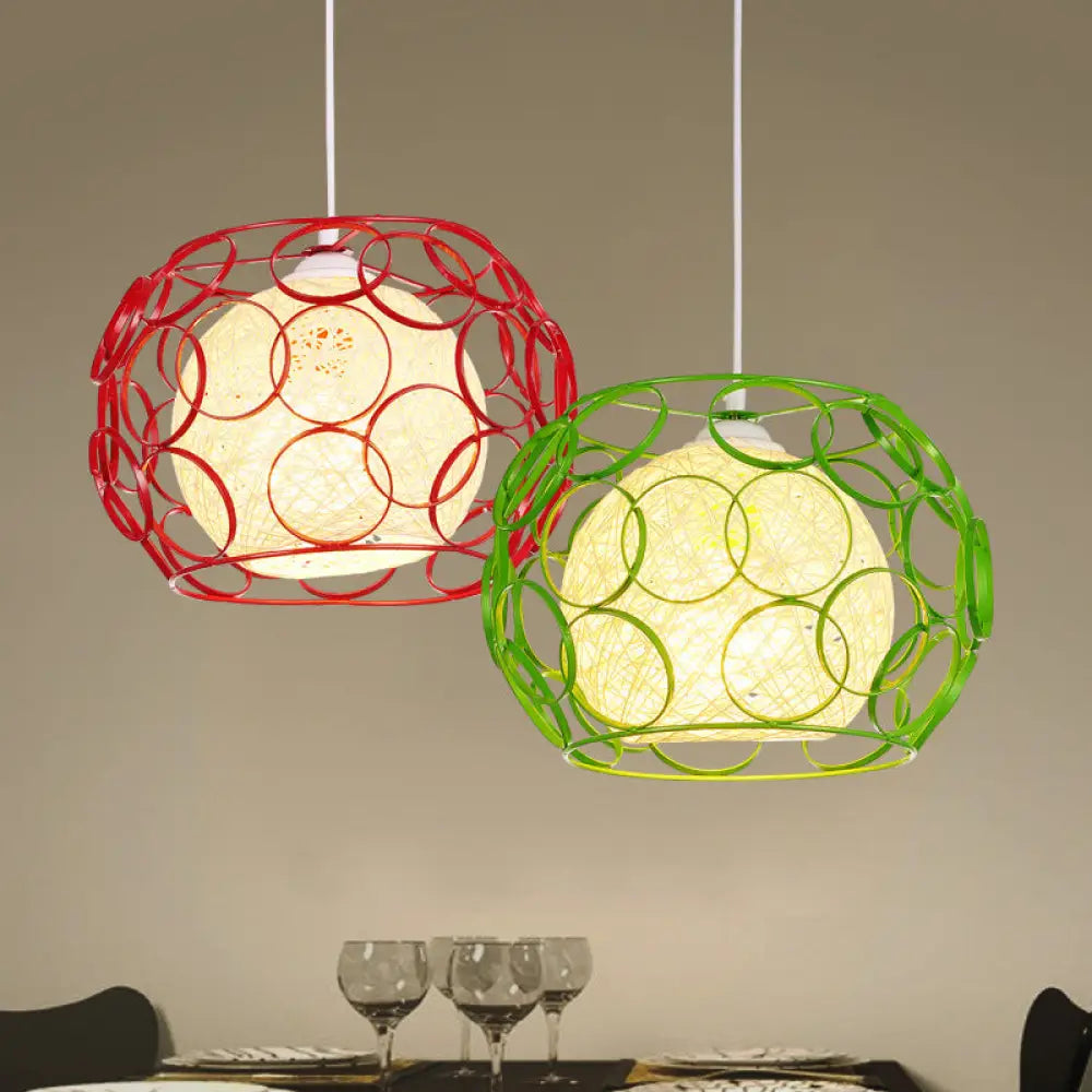 Modern Metal Hanging Pendant Light With Wire Guard And Weave Ball Shade – White/Green