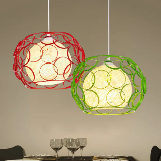 Modern Metal Hanging Pendant Light With Wire Guard And Weave Ball Shade – White/Green