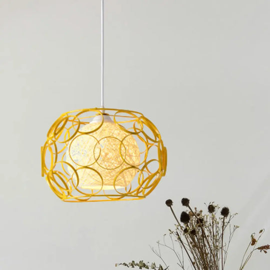 Modern Metal Hanging Pendant Light With Wire Guard And Weave Ball Shade – White/Green