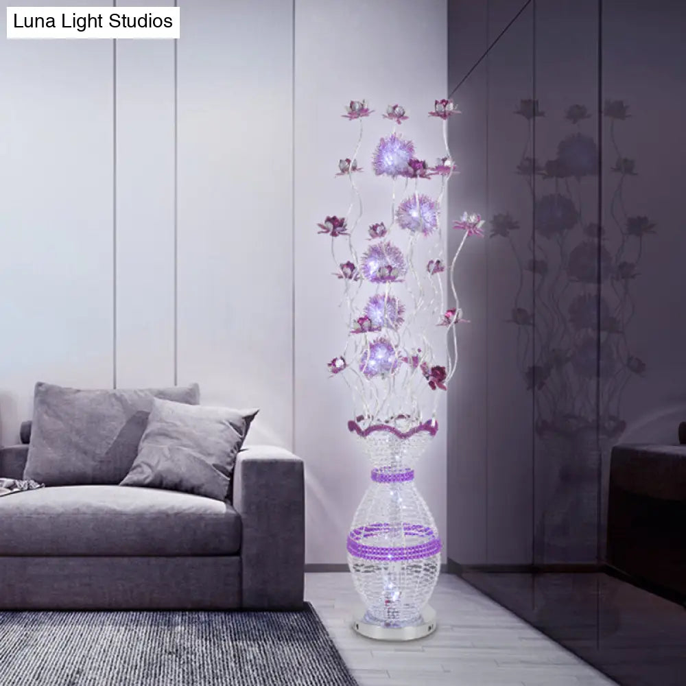 Modern Metal Hollow Urn Floor Lamp With Led Bulb Purple Blossom Decor - Bedroom Reading And Ambient