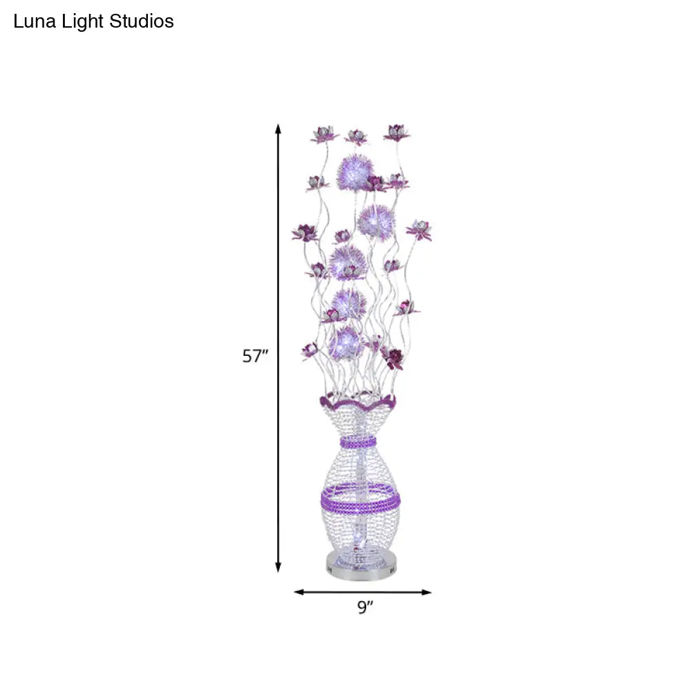 Modern Metal Hollow Urn Floor Lamp With Led Bulb Purple Blossom Decor - Bedroom Reading And Ambient