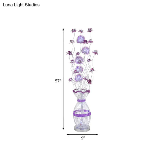 Modern Metal Hollow Urn Floor Lamp With Led Bulb Purple Blossom Decor - Bedroom Reading And Ambient