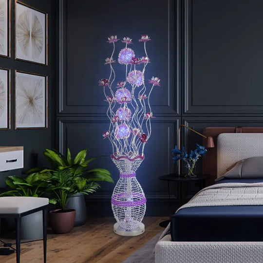 Modern Metal Hollow Urn Floor Lamp With Led Bulb Purple Blossom Decor - Bedroom Reading And Ambient