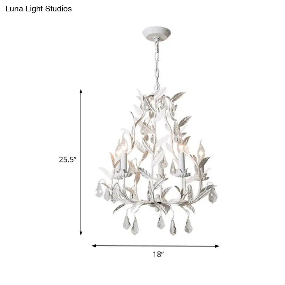 Modern Metal Leaf Chandelier With Crystal Drop - 5 Bulb Lighting Fixture In Grey/Distressed White