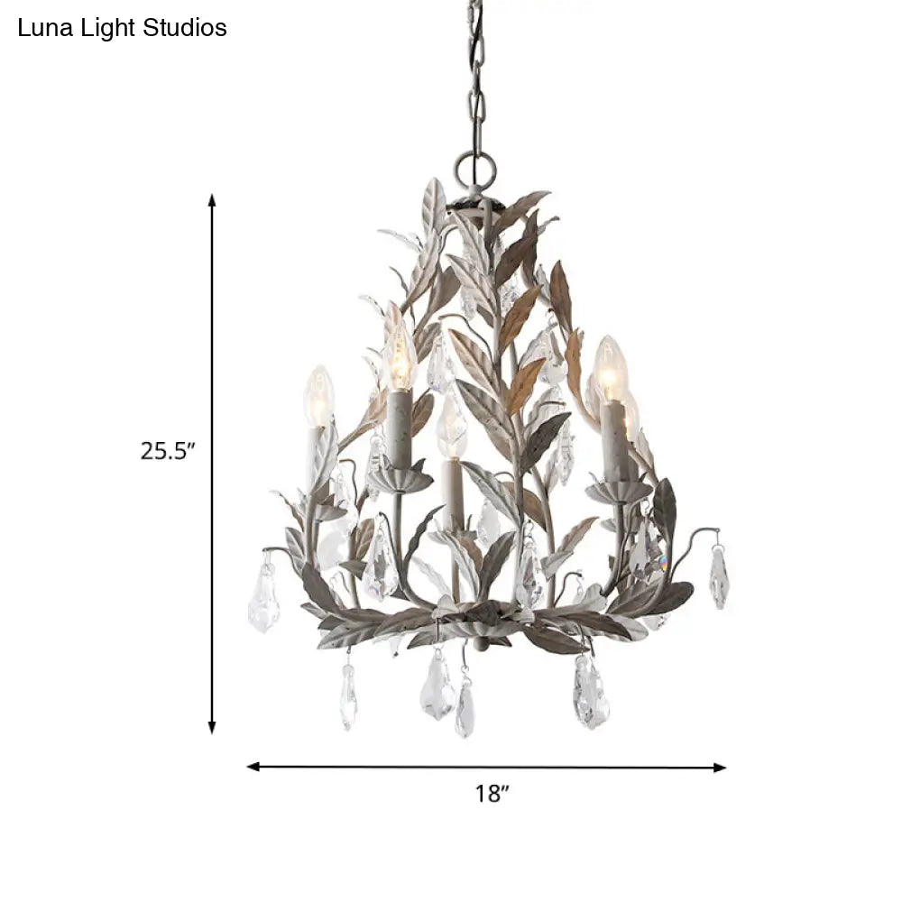 Modern Metal Leaf Chandelier With Crystal Drop - 5 Bulb Lighting Fixture In Grey/Distressed White