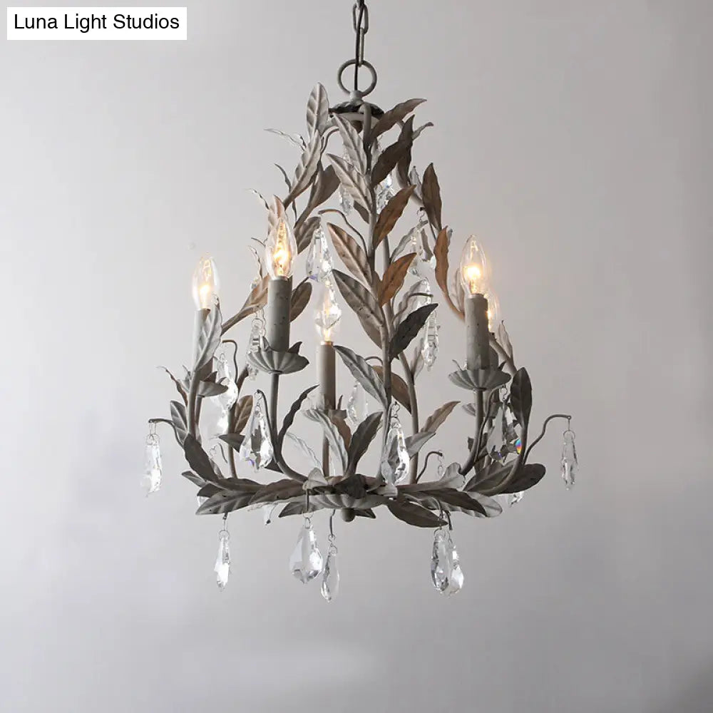 Modern Metal Leaf Chandelier Lamp With Crystal Drop - 5 Bulbs Grey/Distressed White Suspended