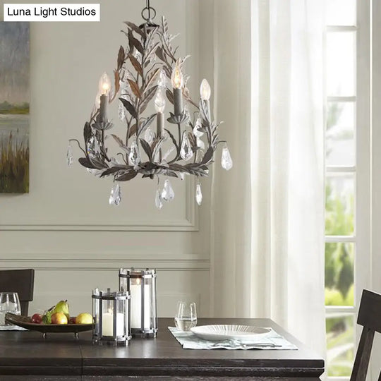 Modern Metal Leaf Chandelier Lamp With Crystal Drop - 5 Bulbs Grey/Distressed White Suspended