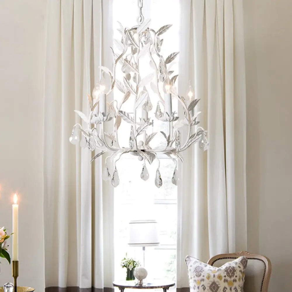 Modern Metal Leaf Chandelier With Crystal Drop - 5 Bulb Lighting Fixture In Grey/Distressed White