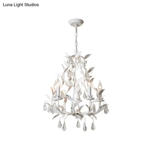 Modern Metal Leaf Chandelier With Crystal Drop - 5 Bulb Lighting Fixture In Grey/Distressed White