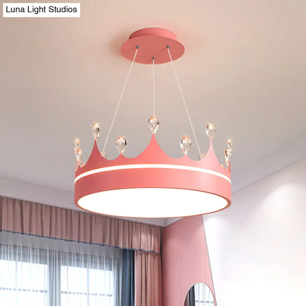 Modern Metal Crown Chandelier Light With Led Suspended Lighting And Crystal Deco - Pink/Blue/Gold