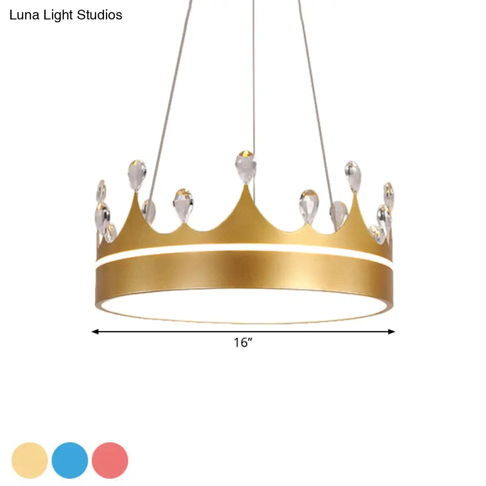 Modern Metal Crown Chandelier Light With Led Suspended Lighting And Crystal Deco - Pink/Blue/Gold