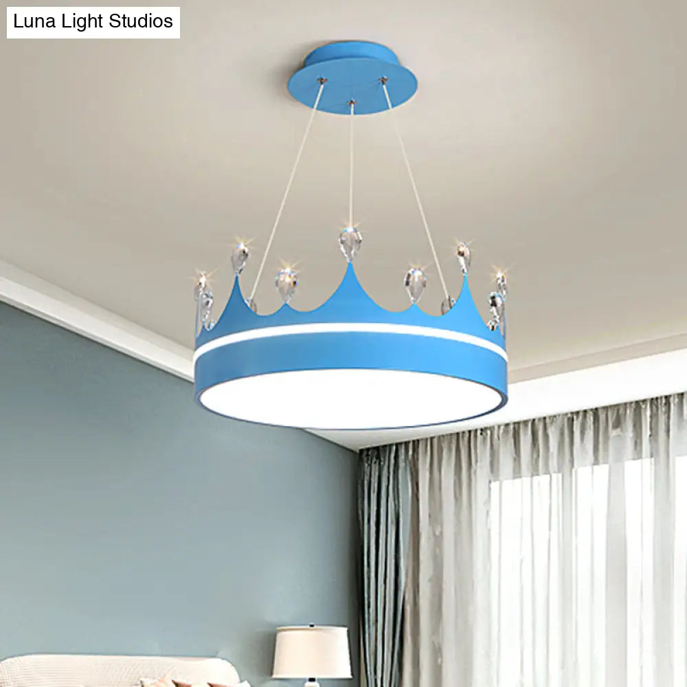 Modern Metal Crown Chandelier Light With Led Suspended Lighting And Crystal Deco - Pink/Blue/Gold