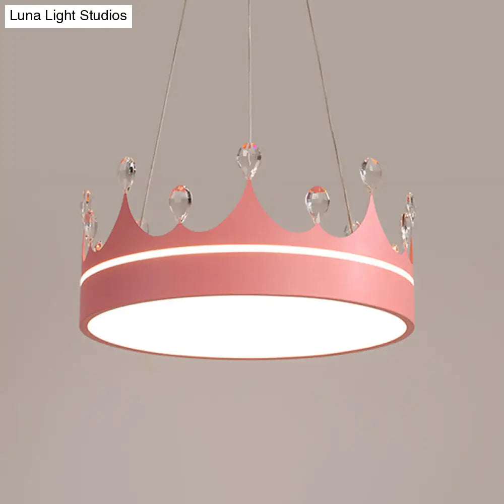 Modern Metal Crown Chandelier Light With Led Suspended Lighting And Crystal Deco - Pink/Blue/Gold