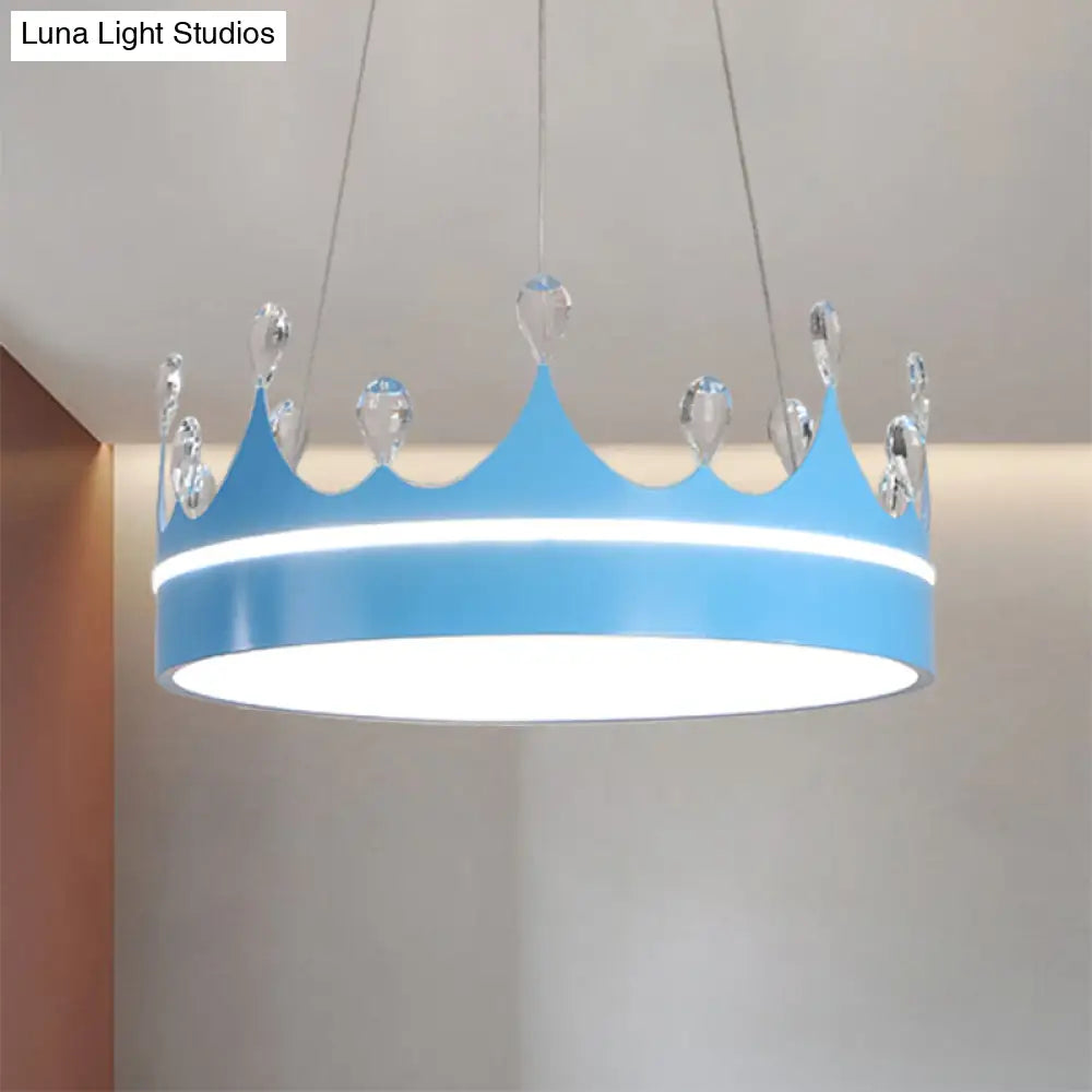 Modern Metal Crown Chandelier Light With Led Suspended Lighting And Crystal Deco - Pink/Blue/Gold