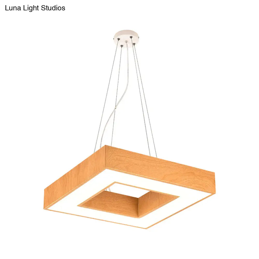 Modern Metal Led Chandelier - Light Wood Square Suspension For Offices