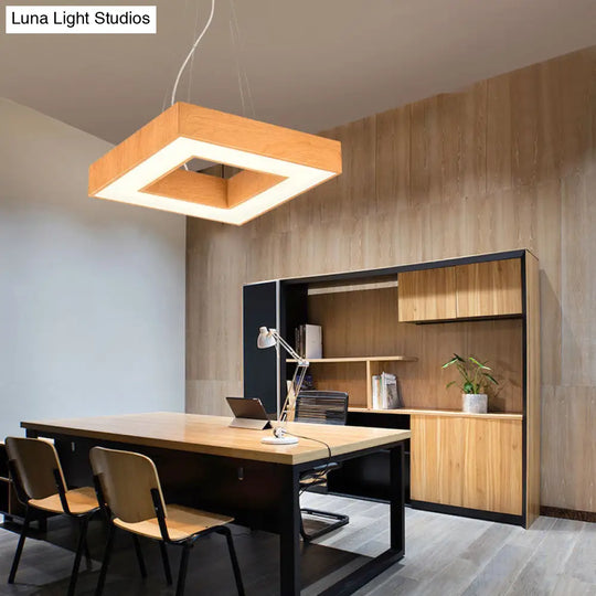 Modern Metal Led Chandelier - Light Wood Square Suspension For Offices