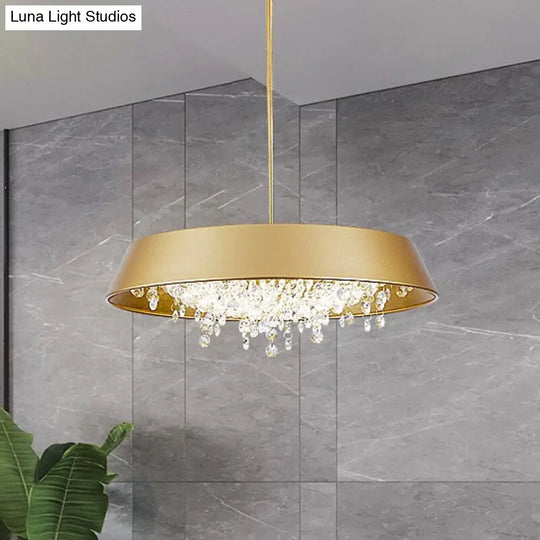 Metal Led Hanging Lamp - Modern Contemporary Circle Tray Design With Crystal Drop Warm/White Light