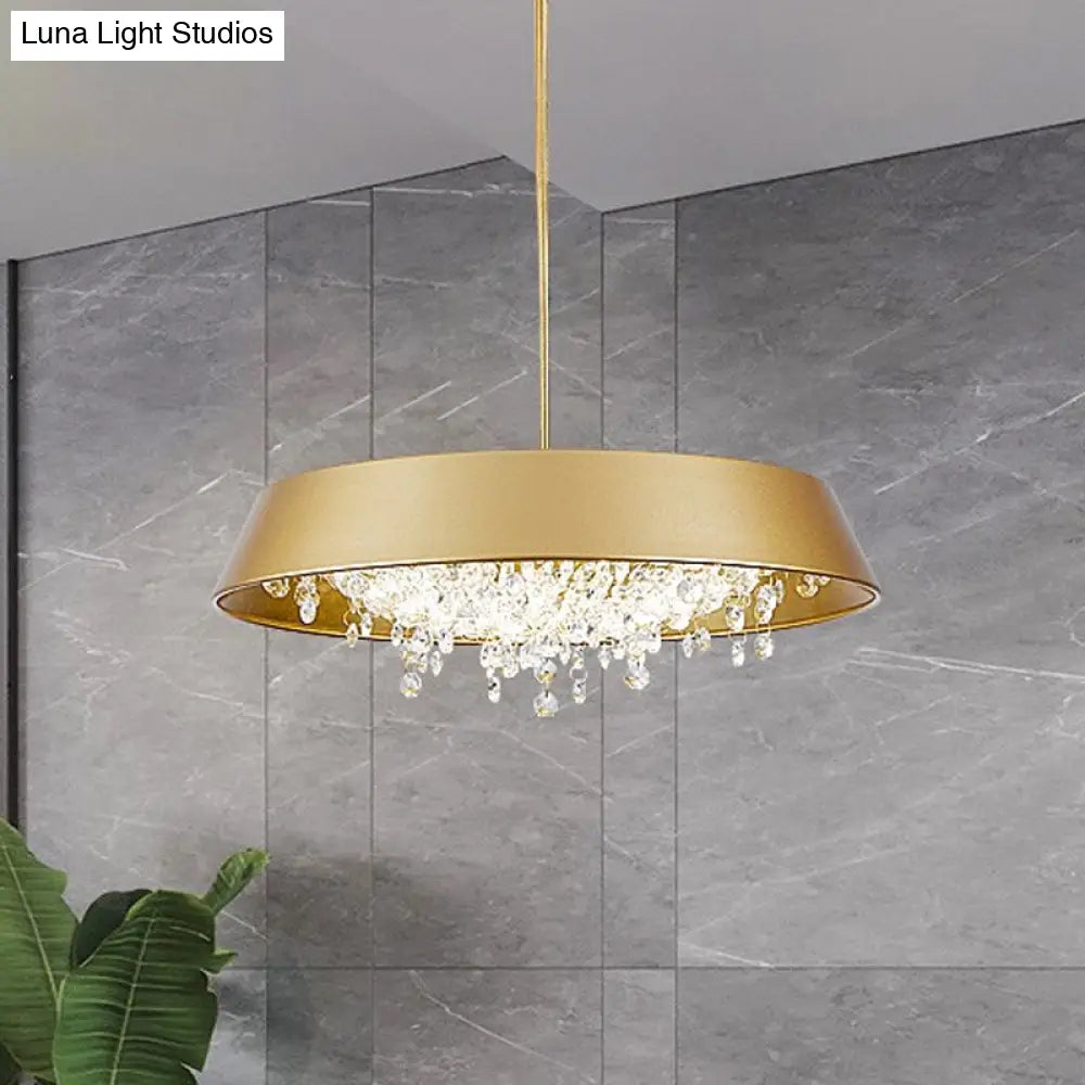 Modern Metal Led Hanging Lamp: Circular Tray Design With Crystal Drop & Down Lighting In Warm/White