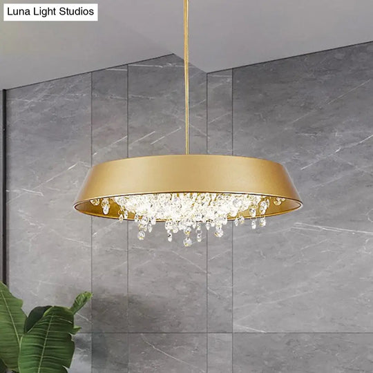 Modern Metal Led Hanging Lamp: Circular Tray Design With Crystal Drop & Down Lighting In Warm/White