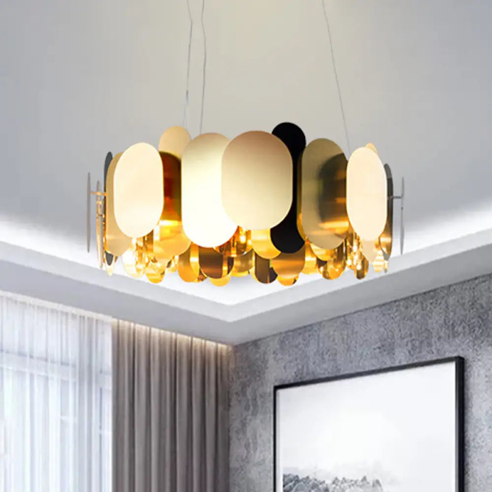 Modern Metal Led Oval Panel Pendant Light For Living Room Ceiling In Brass White/Warm / White