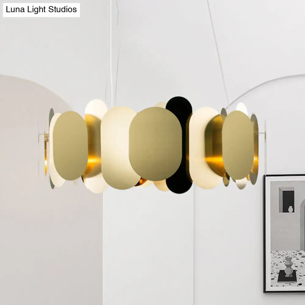 Oval Panel Metal Led Pendant Ceiling Light In Brass With White & Warm - Modernist Living Room