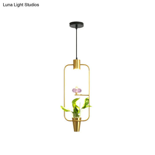 Modern Metal Led Pendant Light With Plant Container - Black/Gold Finish