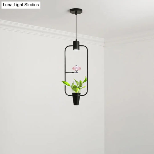 Modern Metal Led Pendant Light With Plant Container - Black/Gold Finish