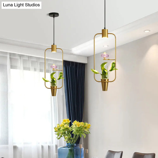 Modern Metal Led Pendant Light With Plant Container - Black/Gold Finish Gold / Rectangle