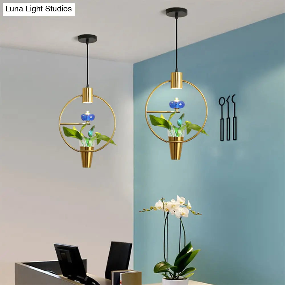 Modern Metal Led Pendant Light With Plant Container - Black/Gold Finish Gold / Round