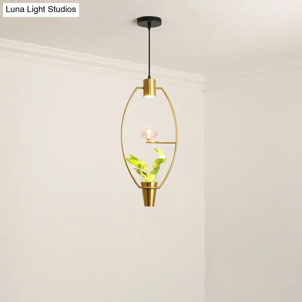 Modern Metal Led Pendant Light With Plant Container - Black/Gold Finish