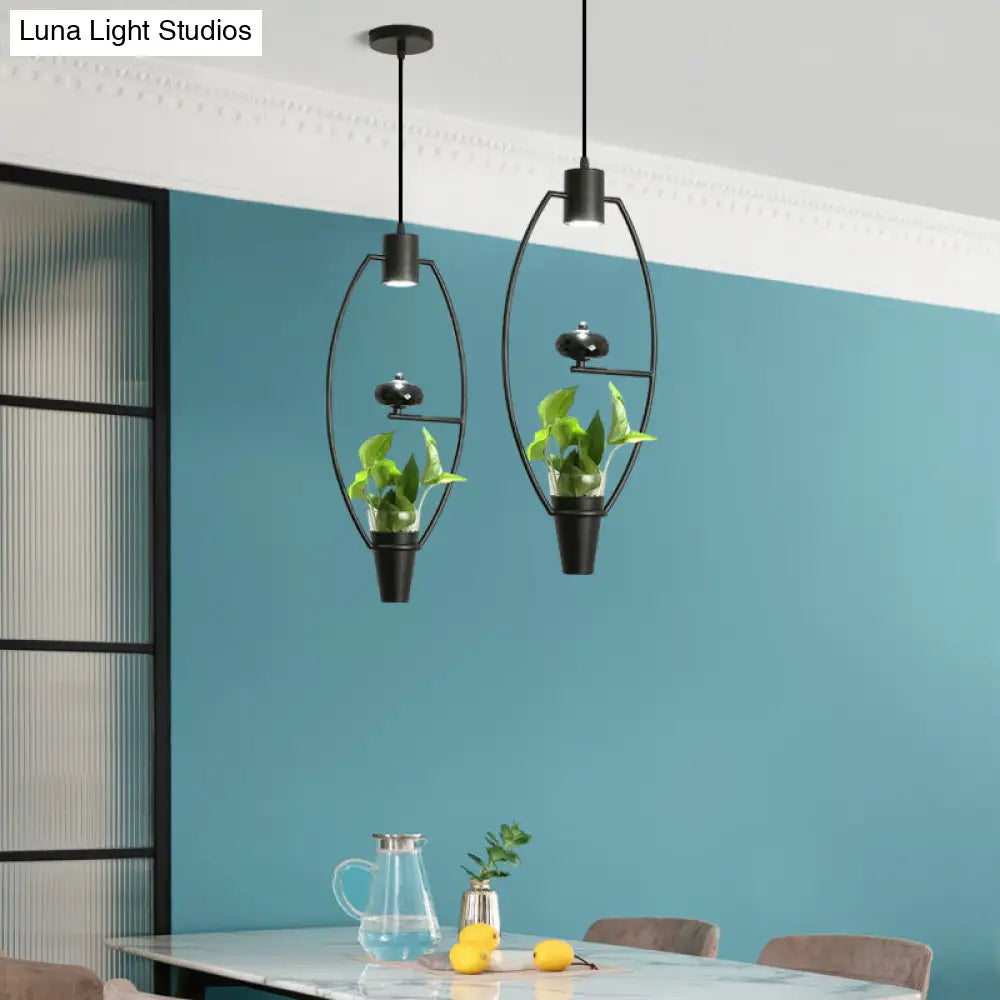 Modern Metal Led Pendant Light With Plant Container - Black/Gold Finish Black / Oval