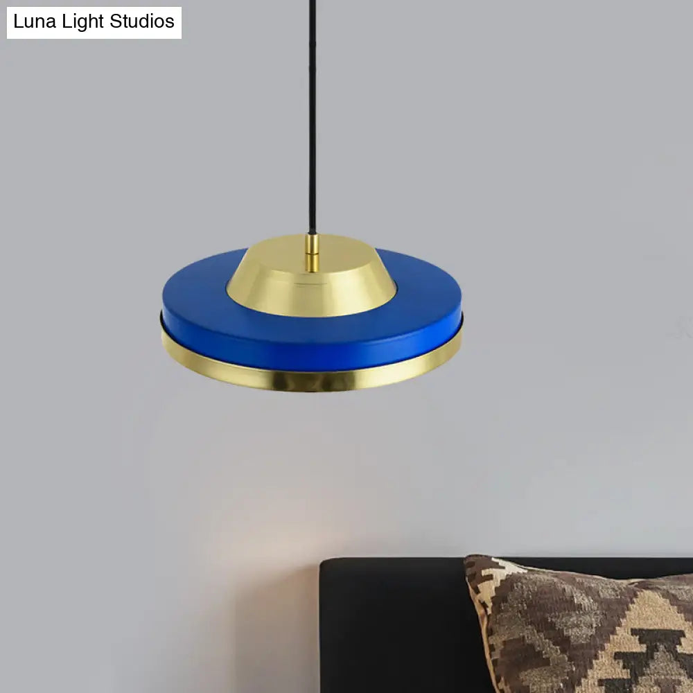 Modern Metal Led Pendant Lighting In Blue And Brass For Bedroom Ceiling - 1 Head Flying Saucer