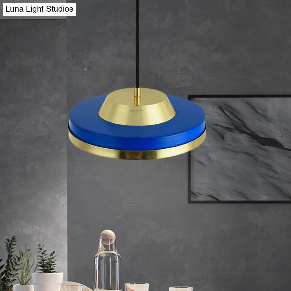 Modern Metal Led Pendant Lighting In Blue And Brass For Bedroom Ceiling - 1 Head Flying Saucer