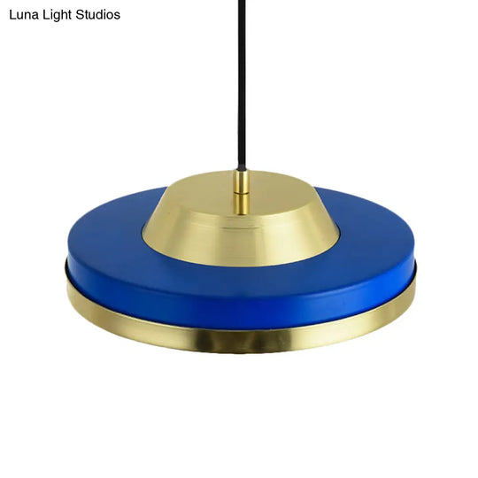 Modern Metal Led Pendant Lighting In Blue And Brass For Bedroom Ceiling - 1 Head Flying Saucer