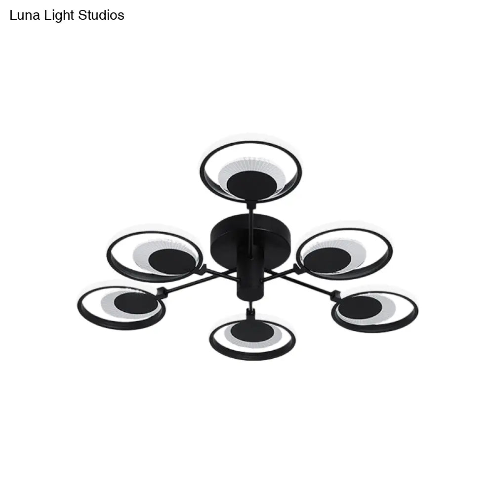 Modern Metal Led Semi Flush Chandelier: Circles Radial Design Black Warm/White Light - Bedroom