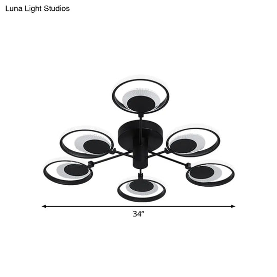 Modern Metal Led Semi Flush Chandelier: Circles Radial Design Black Warm/White Light - Bedroom