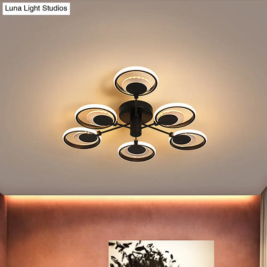 Modern Metal Led Semi Flush Chandelier: Circles Radial Design Black Warm/White Light - Bedroom