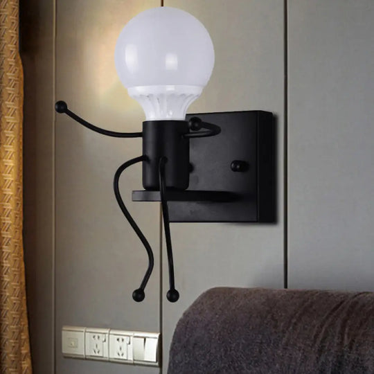 Modern Metal Little Robot Wall Light With Bare Bulb For Hallway And Bathroom Black